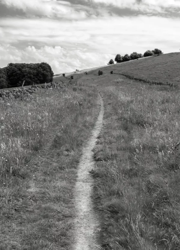 Photo noir et blanc d'un chemin de randonnée menant à un sommet, vue en contre-plongée, avec une lumière intense au-dessus des nuages formant une éclaircie.